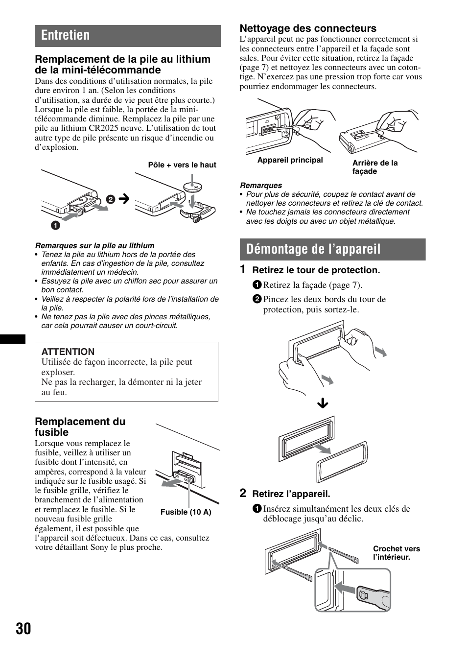 Entretien, Démontage de l’appareil, Entretien démontage de l’appareil | Sony DSX-S200X User Manual | Page 62 / 104