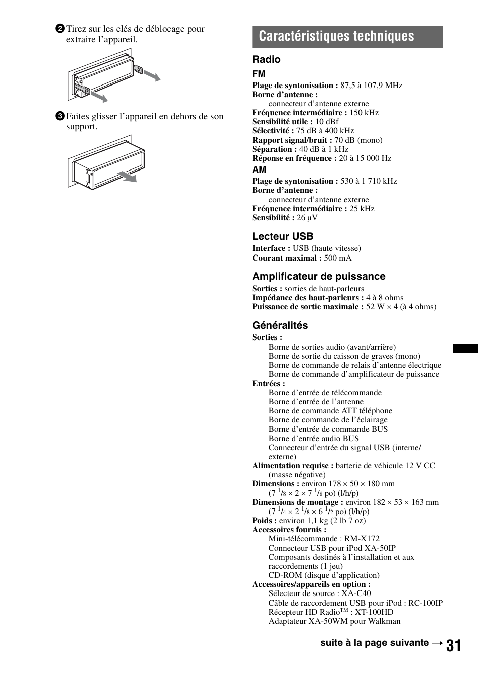Caractéristiques techniques, Radio, Lecteur usb | Amplificateur de puissance, Généralités | Sony DSX-S200X User Manual | Page 63 / 104