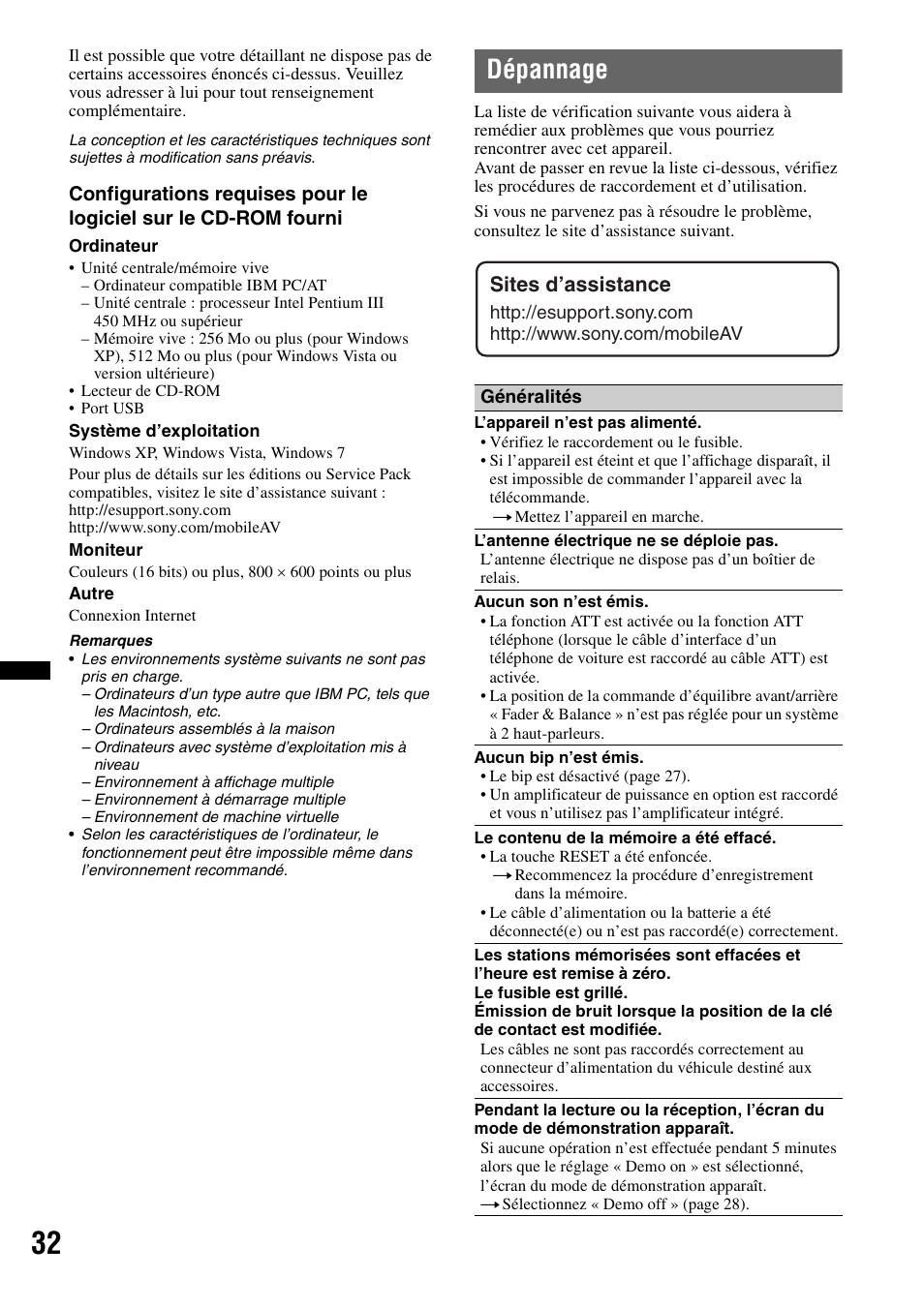 Dépannage, Sites d’assistance | Sony DSX-S200X User Manual | Page 64 / 104