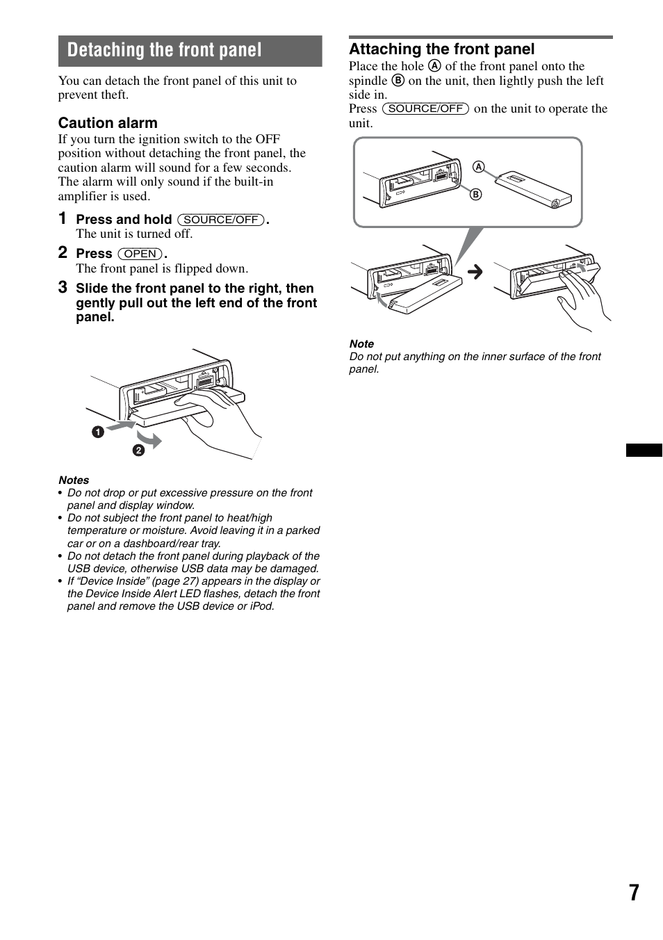 Detaching the front panel, Attaching the front panel | Sony DSX-S200X User Manual | Page 7 / 104