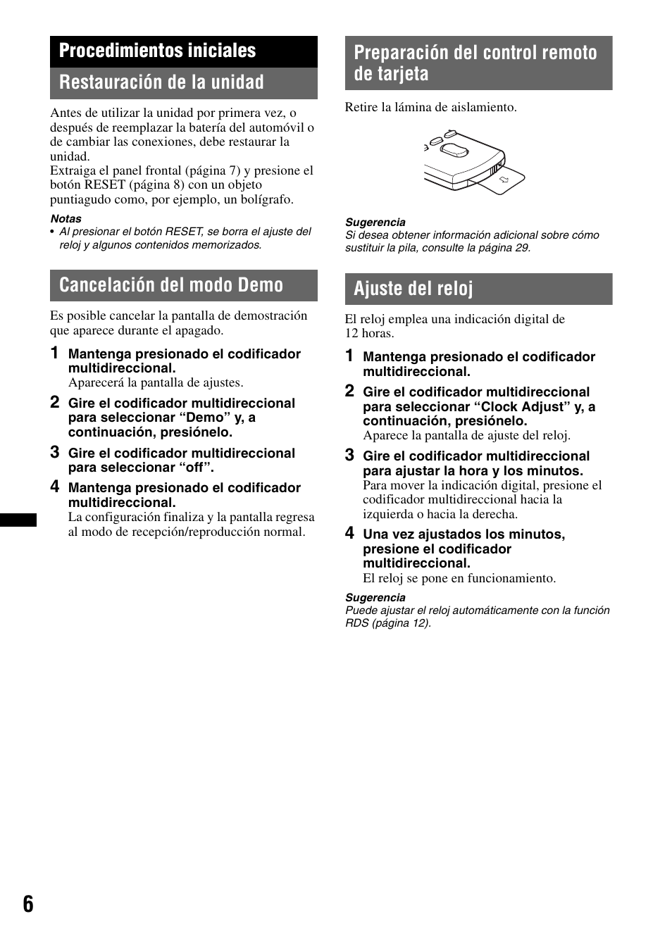 Procedimientos iniciales, Restauración de la unidad, Cancelación del modo demo | Preparación del control remoto de tarjeta, Ajuste del reloj, Procedimientos iniciales restauración de la unidad | Sony DSX-S200X User Manual | Page 72 / 104