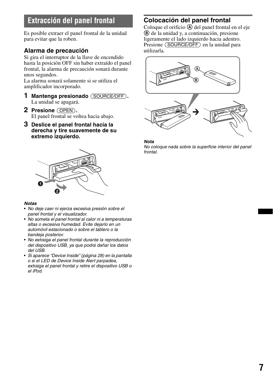 Extracción del panel frontal, Colocación del panel frontal | Sony DSX-S200X User Manual | Page 73 / 104