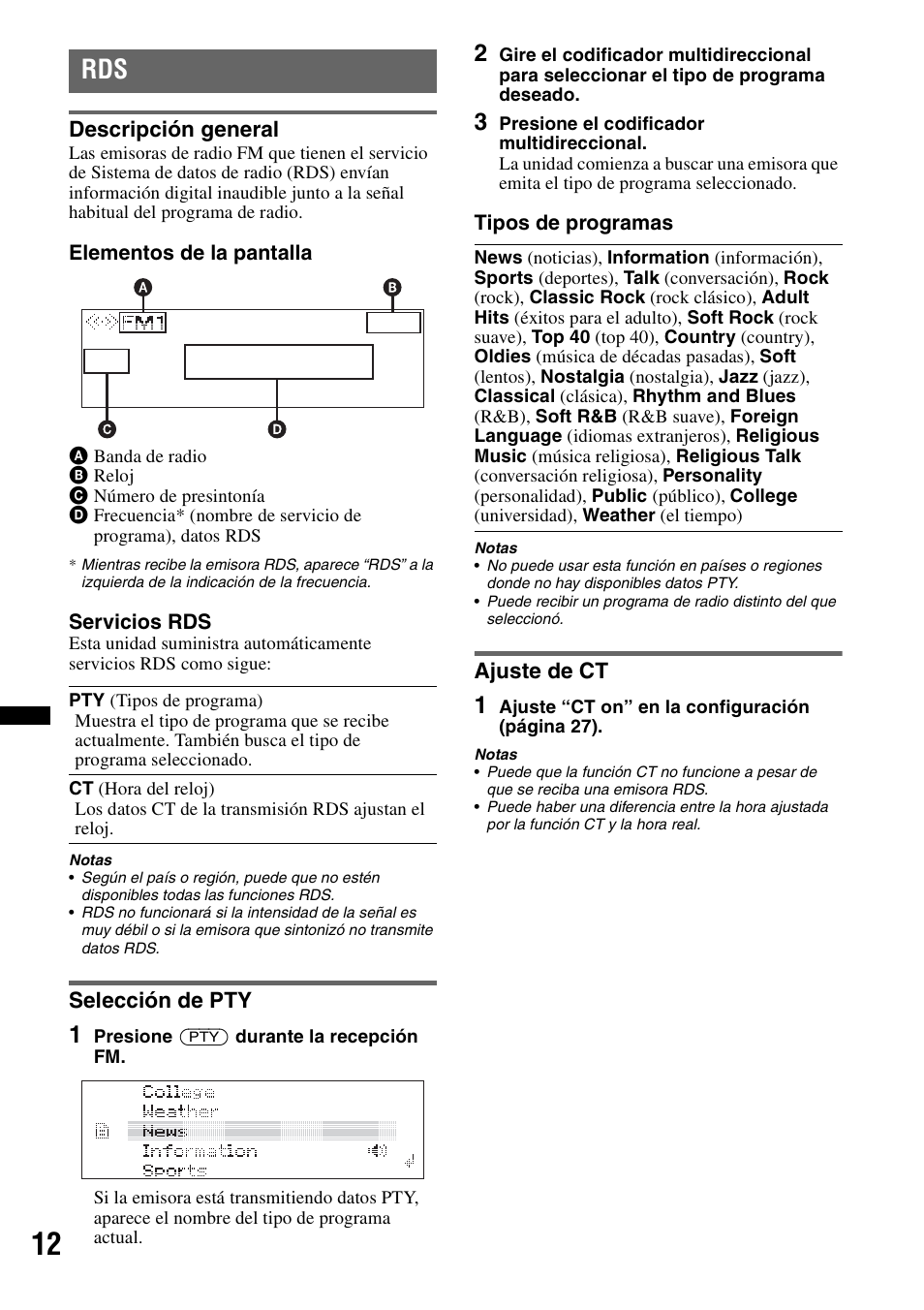 Descripción general, Selección de pty, Ajuste de ct | Descripción general selección de pty ajuste de ct | Sony DSX-S200X User Manual | Page 78 / 104