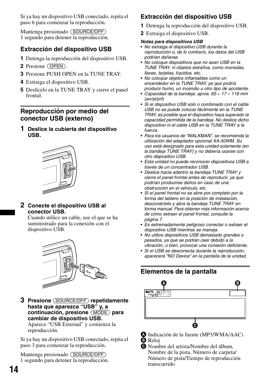 Reproducción por medio del conector usb (externo), Elementos de la pantalla | Sony DSX-S200X User Manual | Page 80 / 104