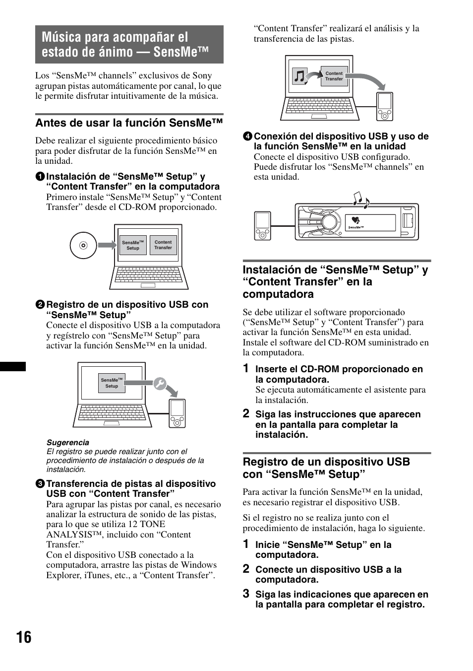 Música para acompañar el estado de ánimo - sensme, Antes de usar la función sensme, Registro de un dispositivo usb con “sensme™ setup | Música para acompañar el estado de ánimo — sensme | Sony DSX-S200X User Manual | Page 82 / 104