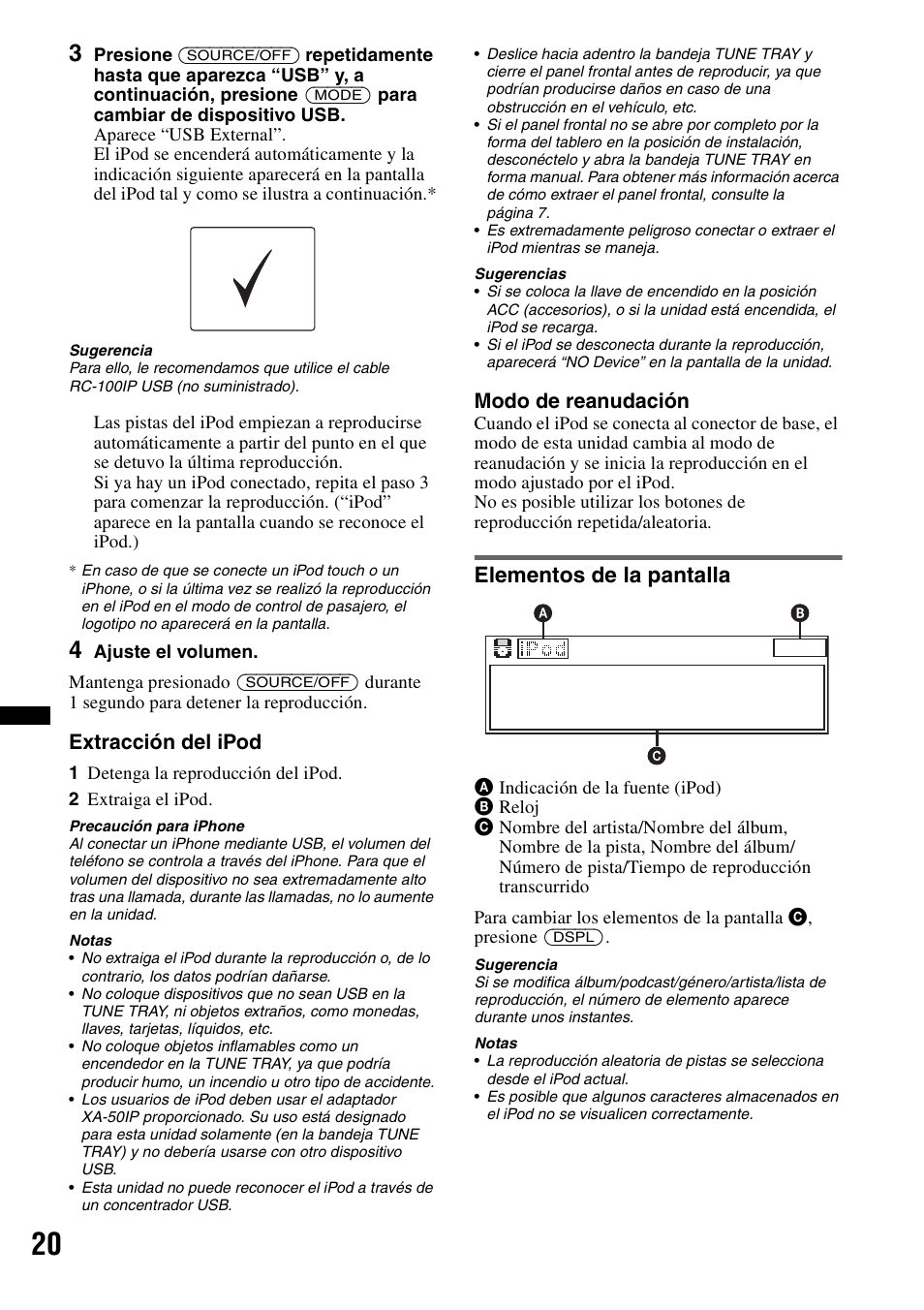 Elementos de la pantalla, Extracción del ipod, Modo de reanudación | Sony DSX-S200X User Manual | Page 86 / 104