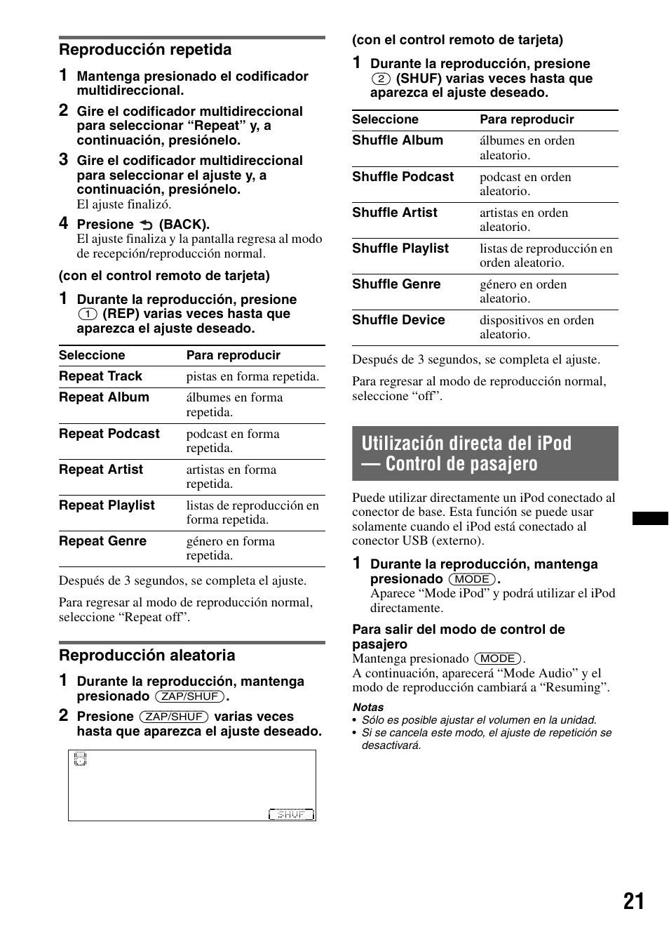 Reproducción repetida, Reproducción aleatoria, Utilización directa del ipod - control de pasajero | Reproducción repetida reproducción aleatoria, Utilización directa del ipod — control de pasajero | Sony DSX-S200X User Manual | Page 87 / 104