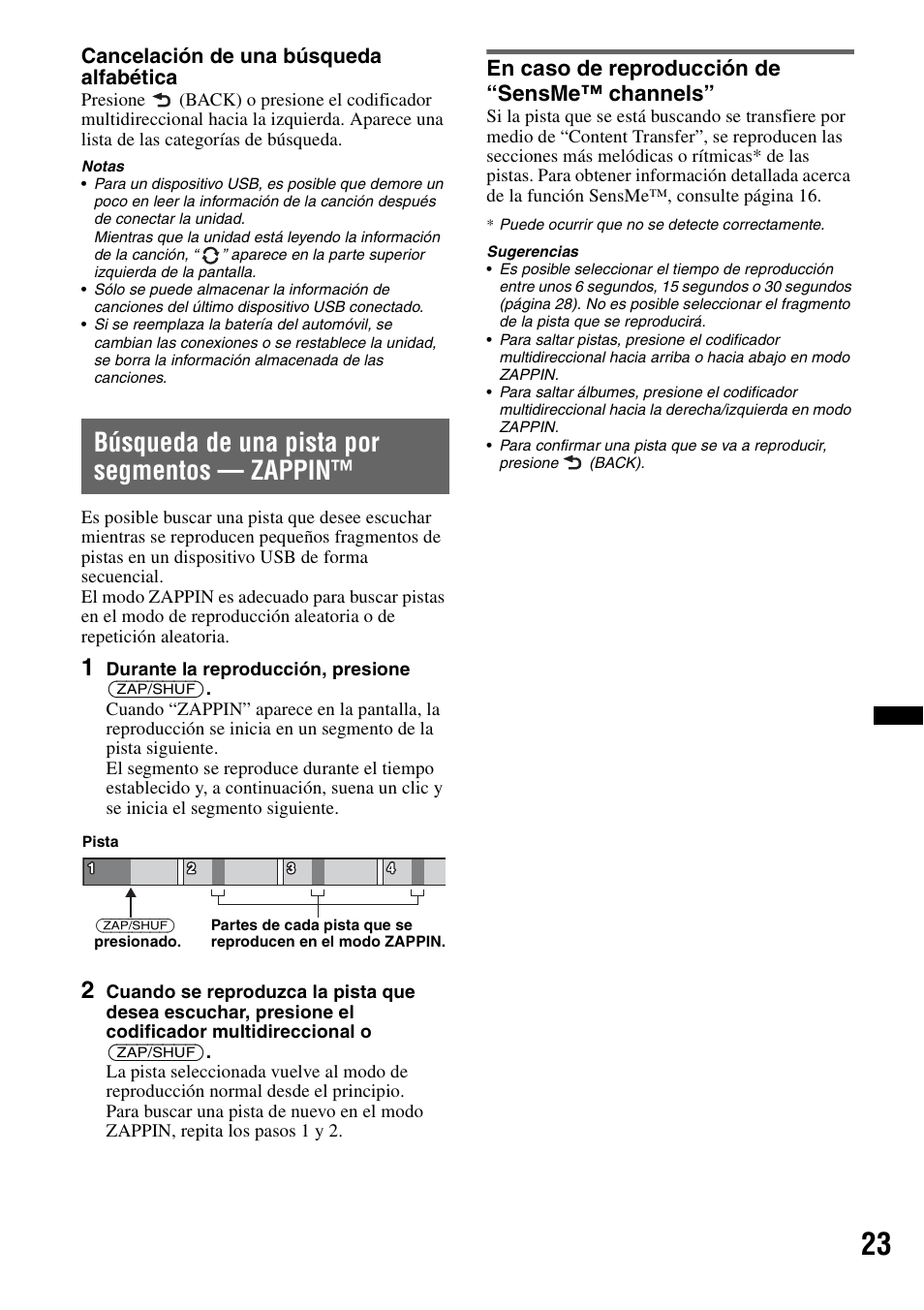 Búsqueda de una pista por segmentos - zappin, En caso de reproducción de “sensme™ channels, Búsqueda de una pista por segmentos — zappin | Sony DSX-S200X User Manual | Page 89 / 104
