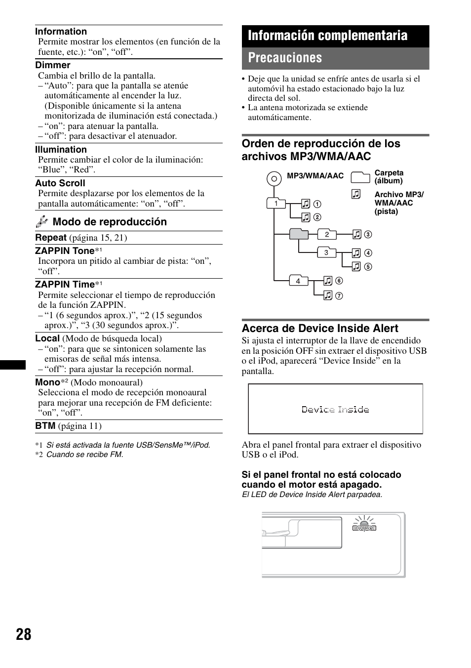 Información complementaria, Precauciones, Orden de reproducción de los archivos mp3/wma/aac | Acerca de device inside alert, Información complementaria precauciones | Sony DSX-S200X User Manual | Page 94 / 104