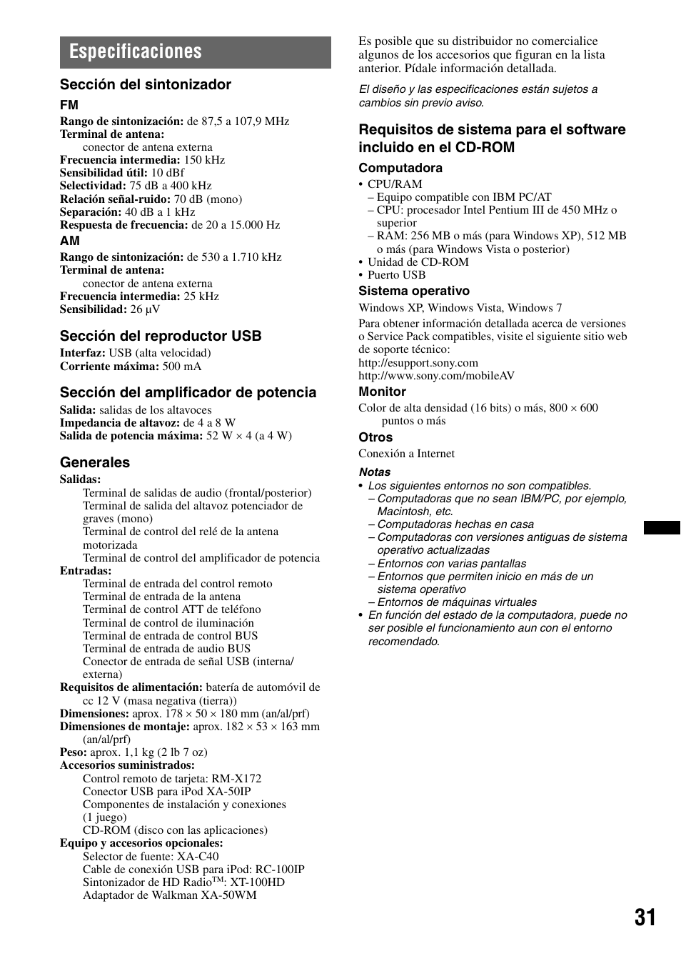 Especificaciones | Sony DSX-S200X User Manual | Page 97 / 104
