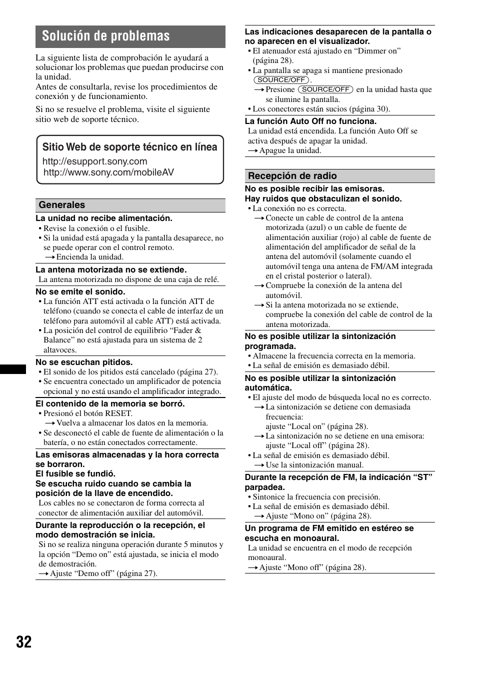 Solución de problemas, Sitio web de soporte técnico en línea | Sony DSX-S200X User Manual | Page 98 / 104