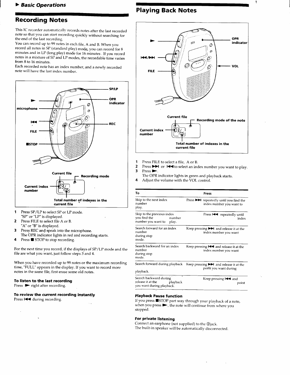 To listen to the last recording, To review the current recording instantly, Playback pause function | For private listening, Basic operations | Sony ICD-30 User Manual | Page 2 / 8