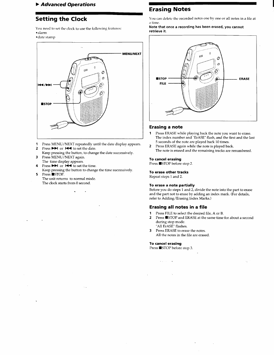 Erasing a note, To cancel erasing, To erase other tracks | To erase a note partially, Erasing all notes in a file, Setting the clock, Advanced operations | Sony ICD-30 User Manual | Page 3 / 8