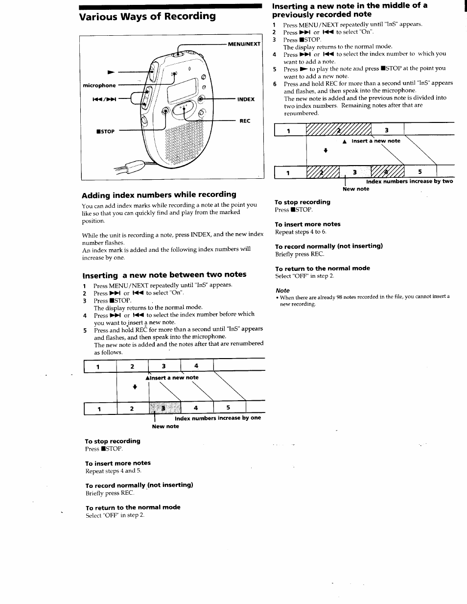 Adding index numbers while recording, Inserting a new note between two notes, To insert more notes | To record normally (not inserting), To return to the normal mode, Various ways of recording | Sony ICD-30 User Manual | Page 4 / 8