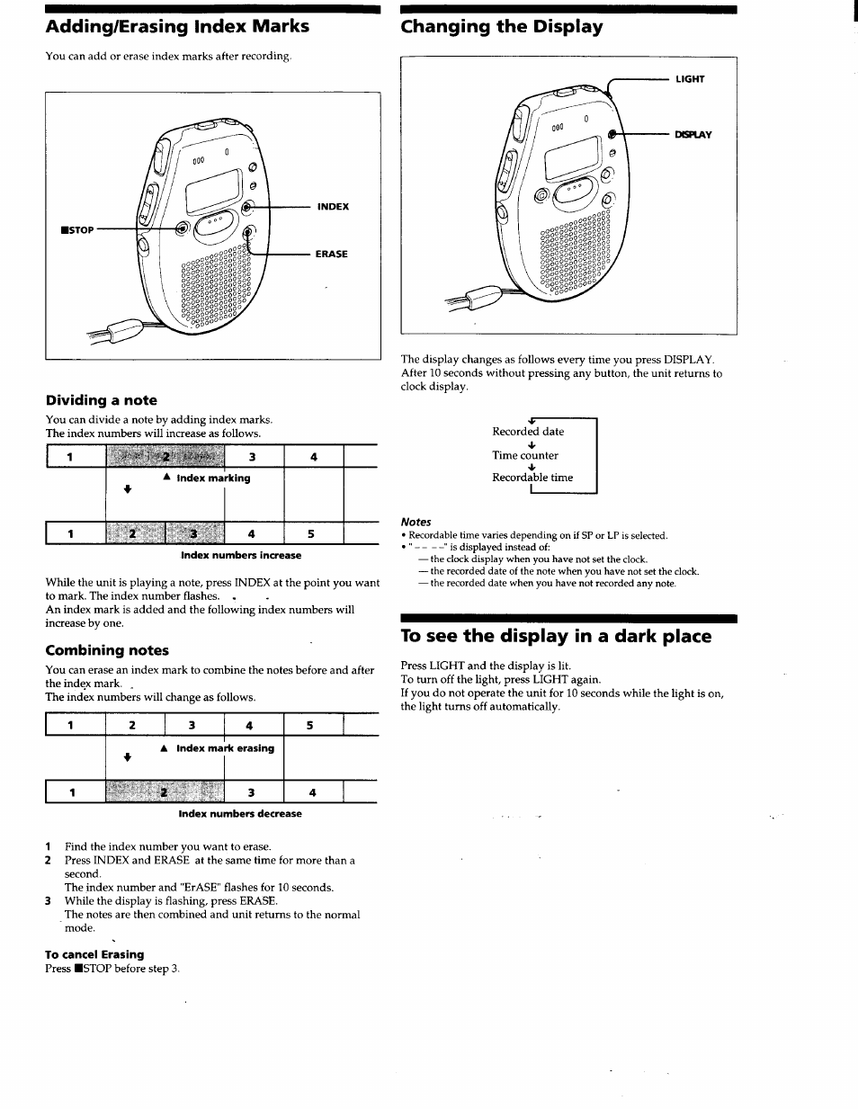 Dividing a note, Combining notes, Adding/erasing index marks | Changing the display | Sony ICD-30 User Manual | Page 6 / 8