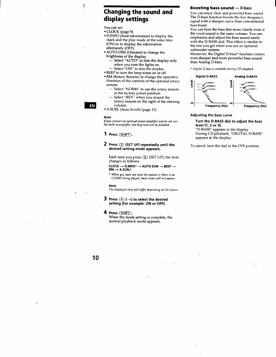 Changing the sound and display settings, Boosting bass sound — d-bass, Adjusting the bass curve | Sony CDX-C460 User Manual | Page 10 / 23