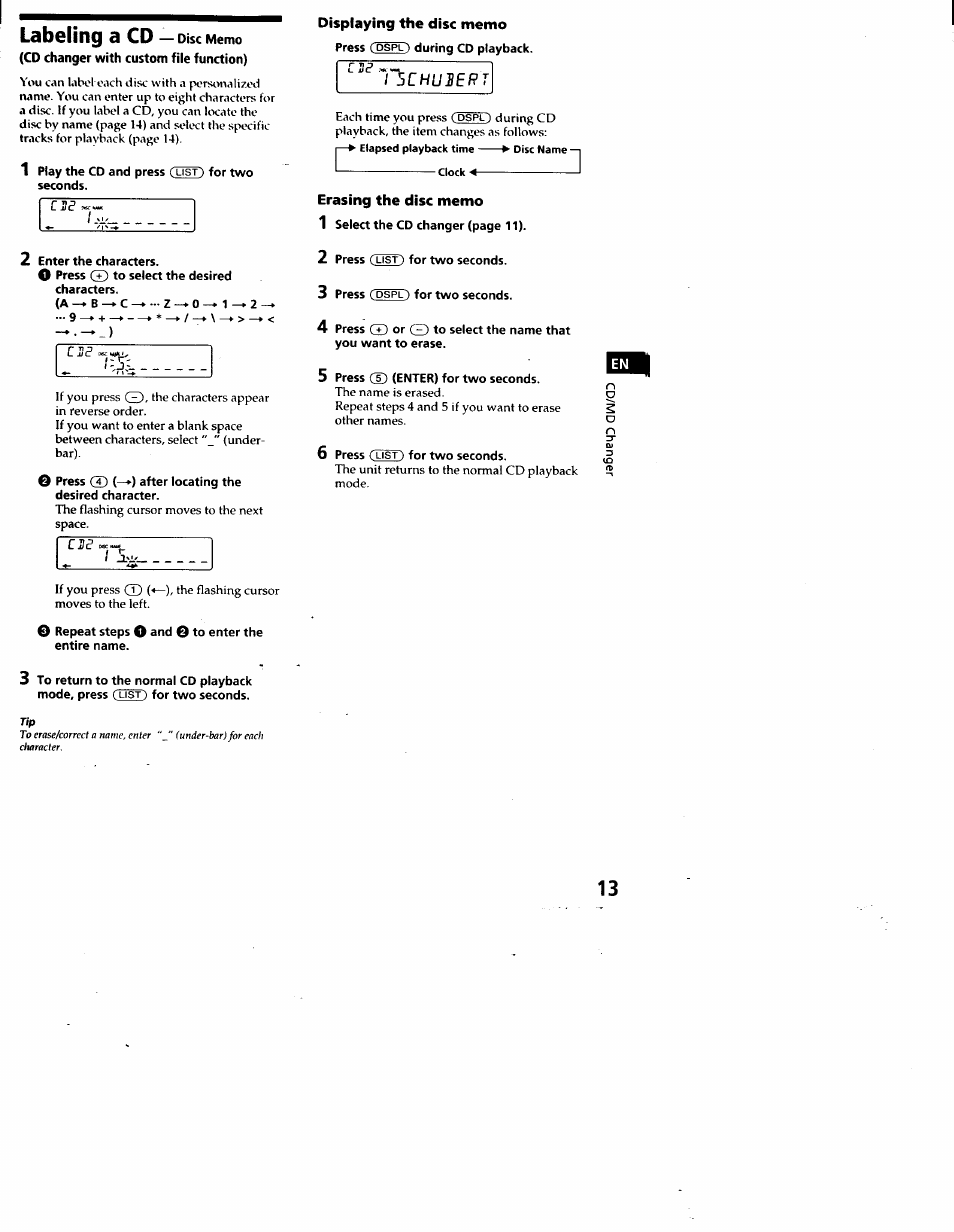Labeling a cd — disc memo, Cd changer with custom file function), Displaying the disc memo | Erasing the disc memo, Labeling a cd | Sony CDX-C460 User Manual | Page 13 / 23