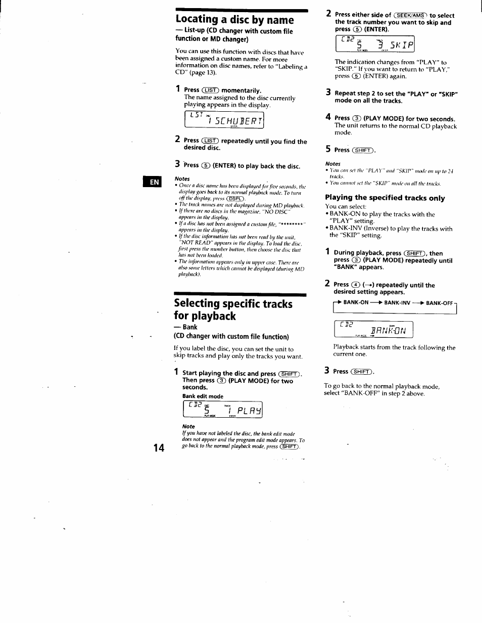Locating a disc by name, Selecting specific tracks for playback, Bank | Cd changer with custom file function), Playing the specified tracks only, Cshifty, 3 5 h i p | Sony CDX-C460 User Manual | Page 14 / 23