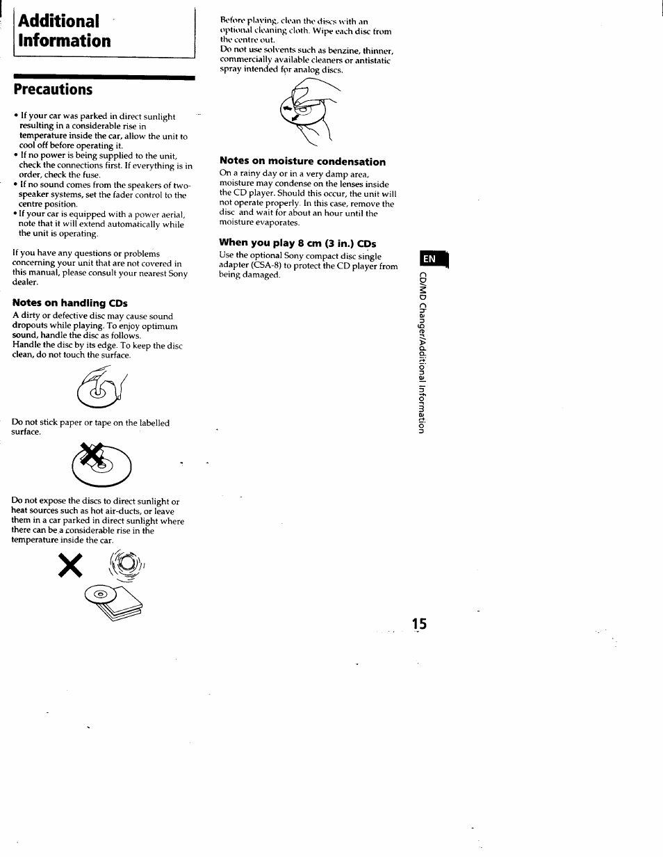 Precautions, Notes on handling cds, Notes on moisture condensation | When you play 8 cm (3 ¡n.) cds, Additional information | Sony CDX-C460 User Manual | Page 15 / 23