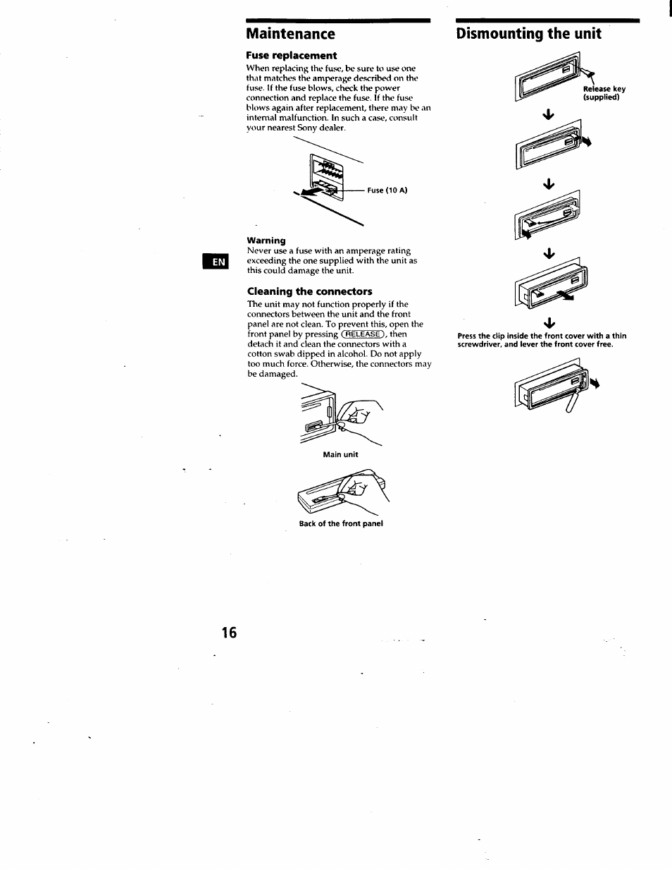 Maintenance, Fuse replacement, Dismounting the unit | Cleaning the connectors, Maintenance dismounting the unit | Sony CDX-C460 User Manual | Page 16 / 23