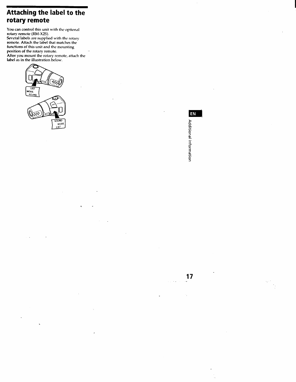 Attaching the label to the rotary remote | Sony CDX-C460 User Manual | Page 17 / 23