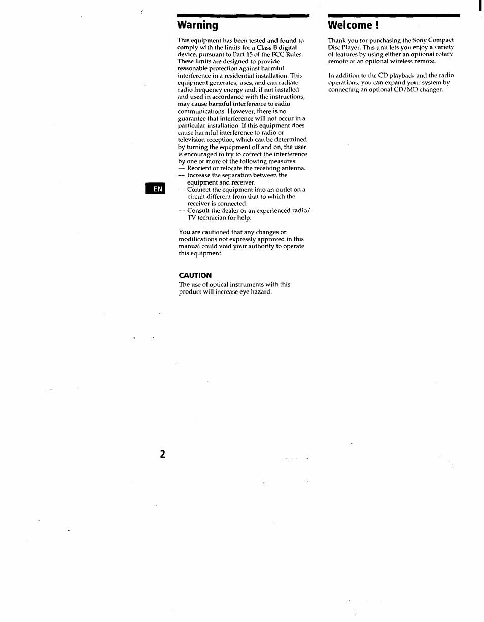 Caution, Warning, Welcome | Sony CDX-C460 User Manual | Page 2 / 23