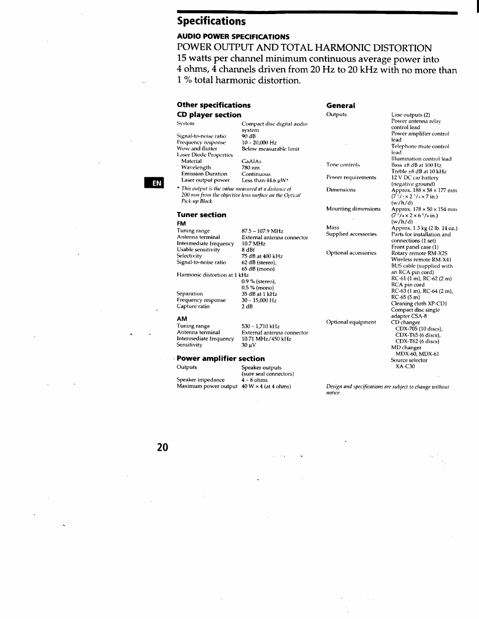 Specifications, Audio power specifications, Other specifications cd player section | General | Sony CDX-C460 User Manual | Page 20 / 23