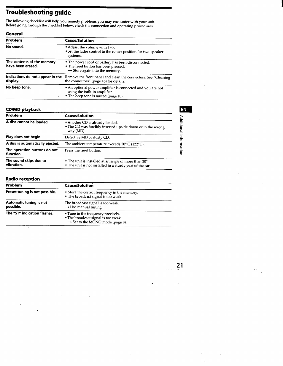 Troubleshooting guide, General | Sony CDX-C460 User Manual | Page 21 / 23
