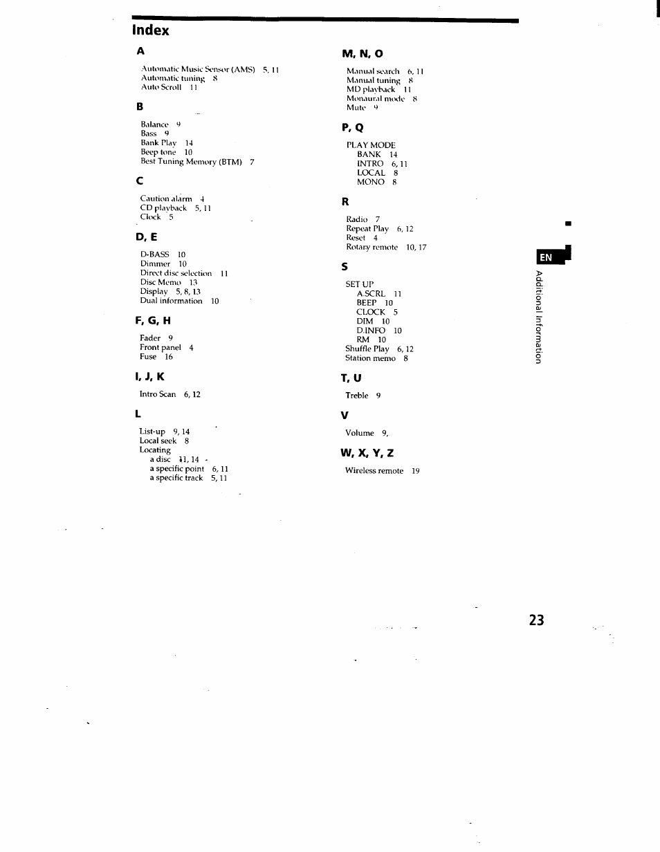 Index | Sony CDX-C460 User Manual | Page 23 / 23