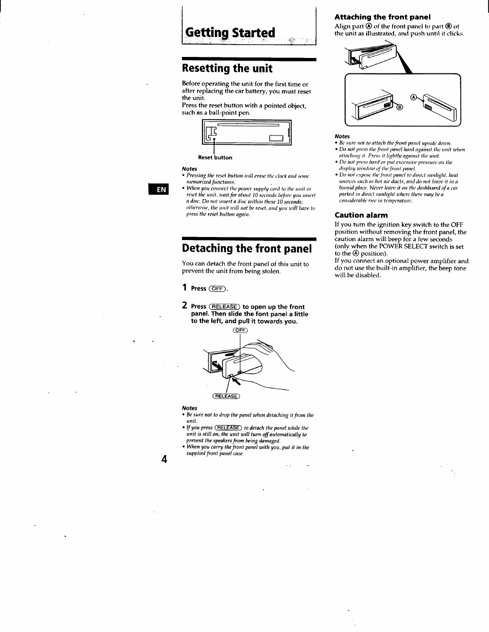 Resetting the unit, Detaching the front panel, Attaching the front panel | Caution alarm, Resetting the unit detaching the front panel, Getting started | Sony CDX-C460 User Manual | Page 4 / 23