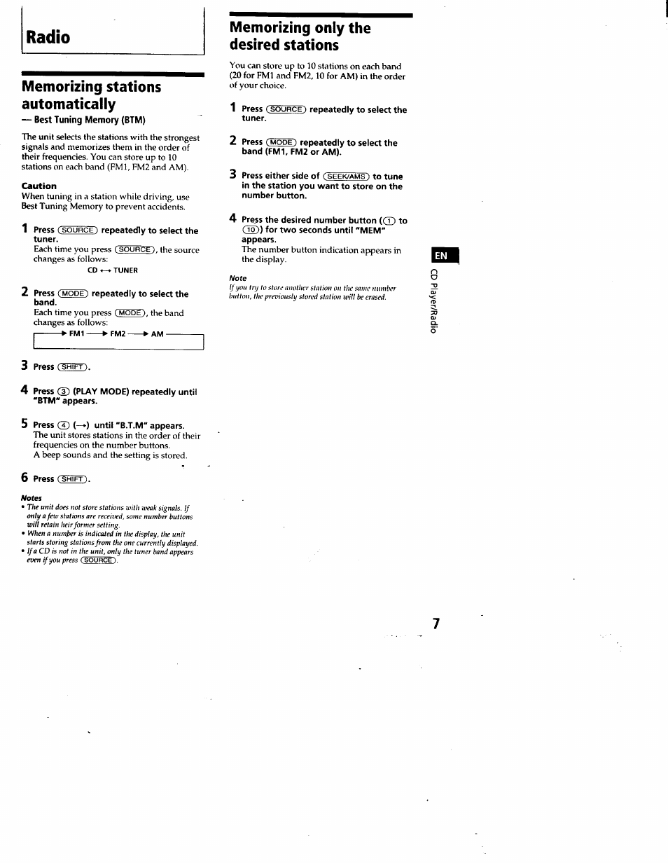 Memorizing stations automatically, Best tuning memory (btm), Caution | Memorizing only the desired stations, Radio | Sony CDX-C460 User Manual | Page 7 / 23