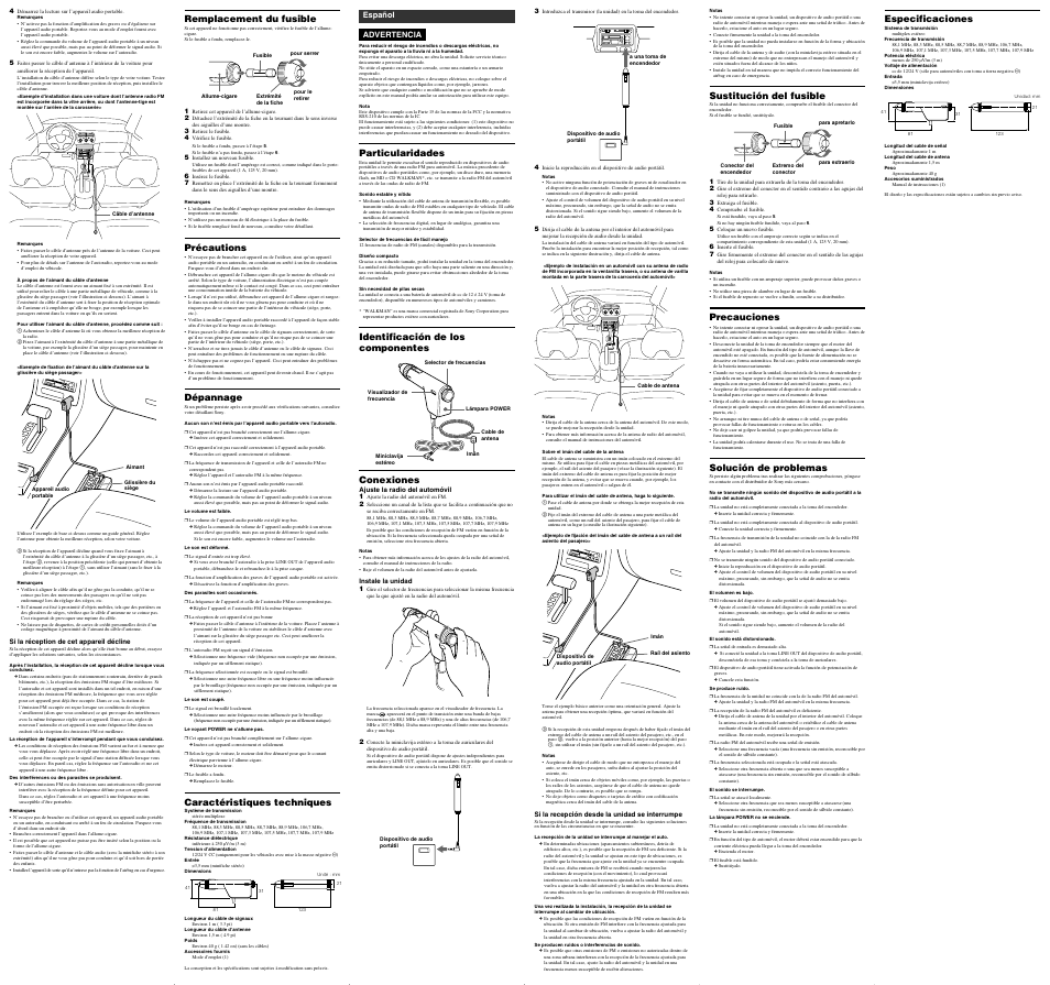 Particularidades, Identificación de los componentes conexiones, Sustitución del fusible | Precauciones, Solución de problemas, Especificaciones, Remplacement du fusible, Précautions, Dépannage, Caractéristiques techniques | Sony DCC-FMT3 User Manual | Page 2 / 2