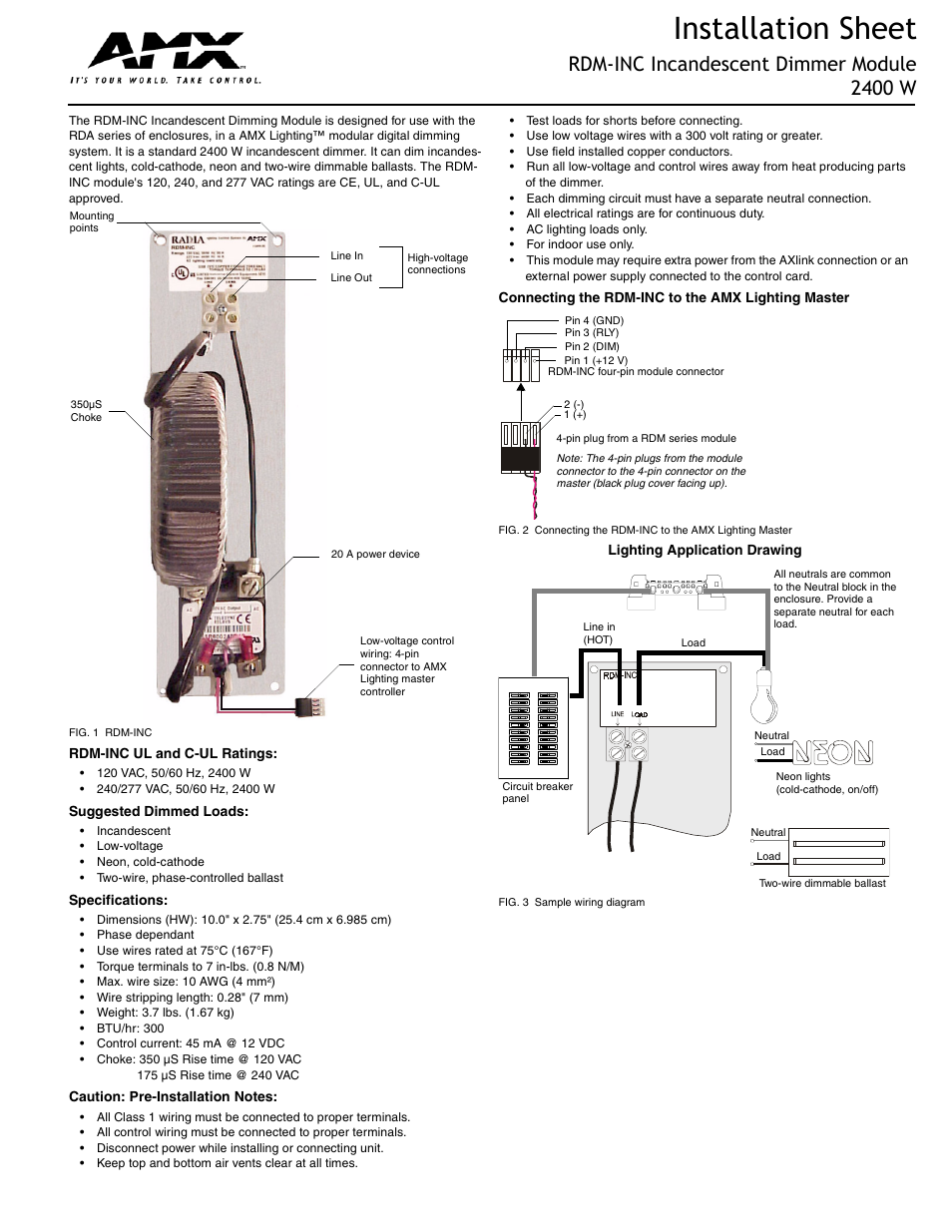 AMX Incandescent Dimmer Module RDM-INC User Manual | 2 pages