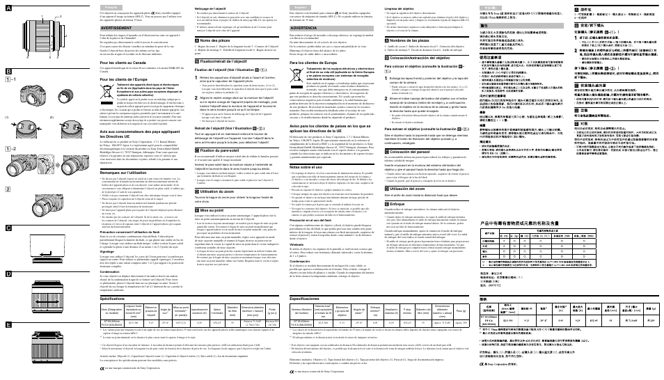 Rear side, Avertissement, Pour les clients au canada | Pour les clients de l’europe, Remarques sur l’utilisation, Noms des pièces, Fixation/retrait de l’objectif, Fixation du pare-soleil, Utilisation du zoom, Mise au point | Sony SAL-55200 User Manual | Page 2 / 2