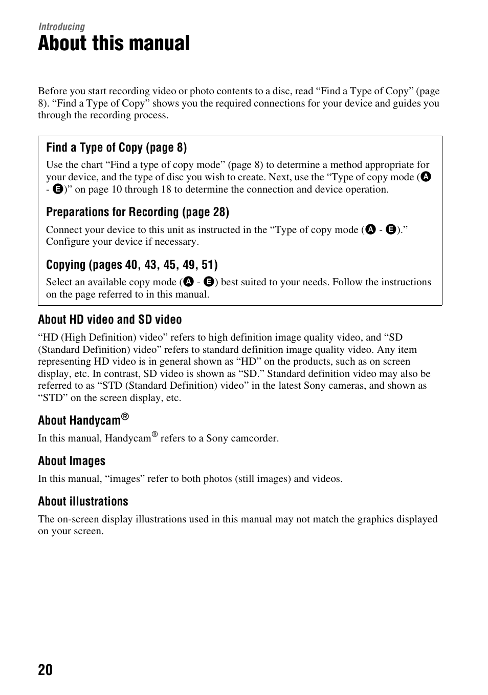 Introducing, About this manual | Sony VBD-MA1 User Manual | Page 20 / 84