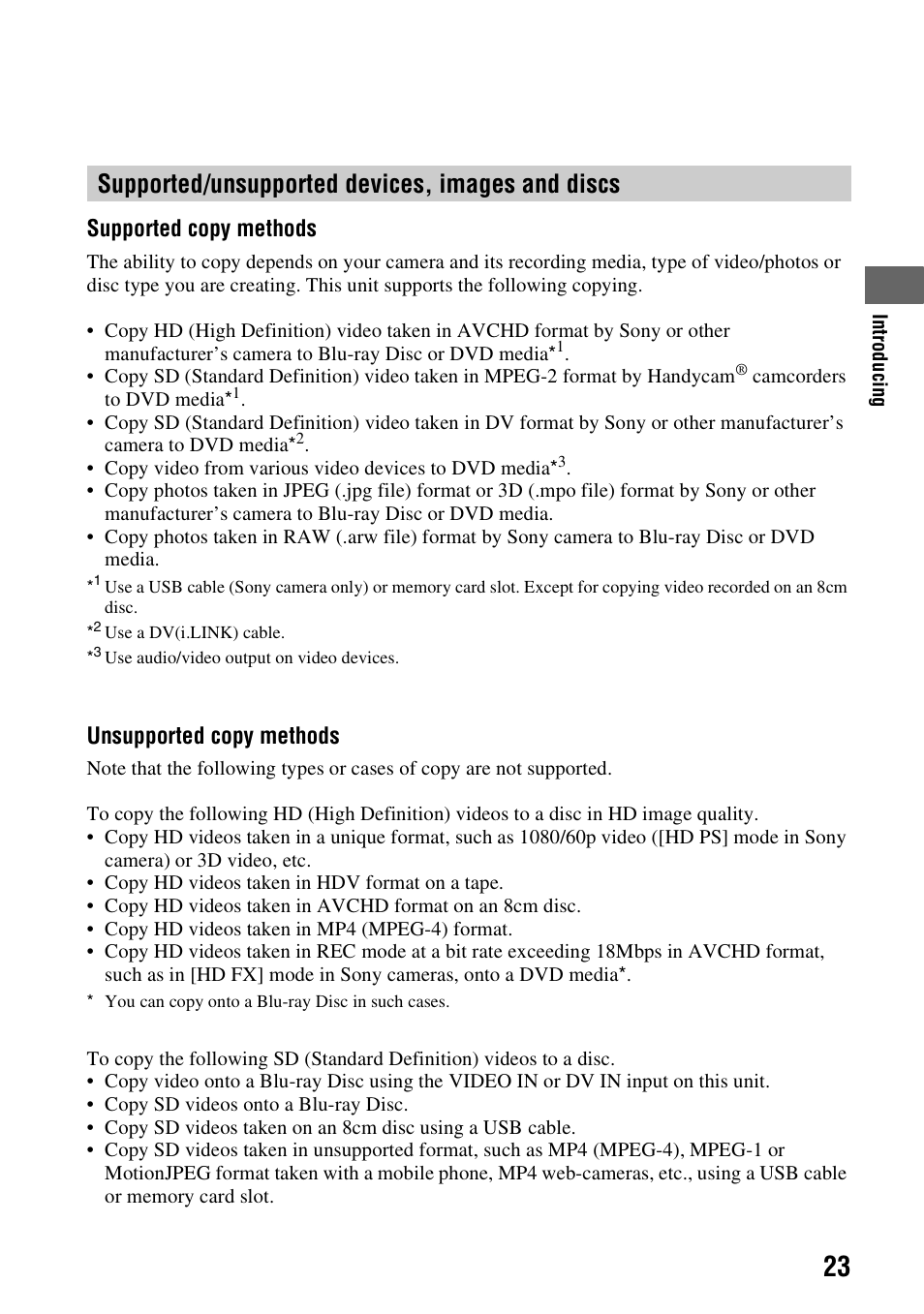 Supported/unsupported devices, images and discs, Supported/unsupported devices, Images and discs | Supported copy methods, Unsupported copy methods | Sony VBD-MA1 User Manual | Page 23 / 84