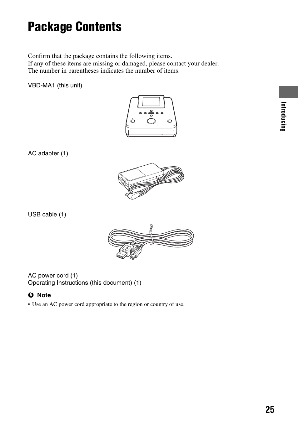 Package contents | Sony VBD-MA1 User Manual | Page 25 / 84