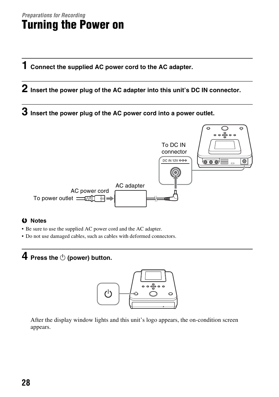 Preparations for recording, Turning the power on, E 28) | Sony VBD-MA1 User Manual | Page 28 / 84