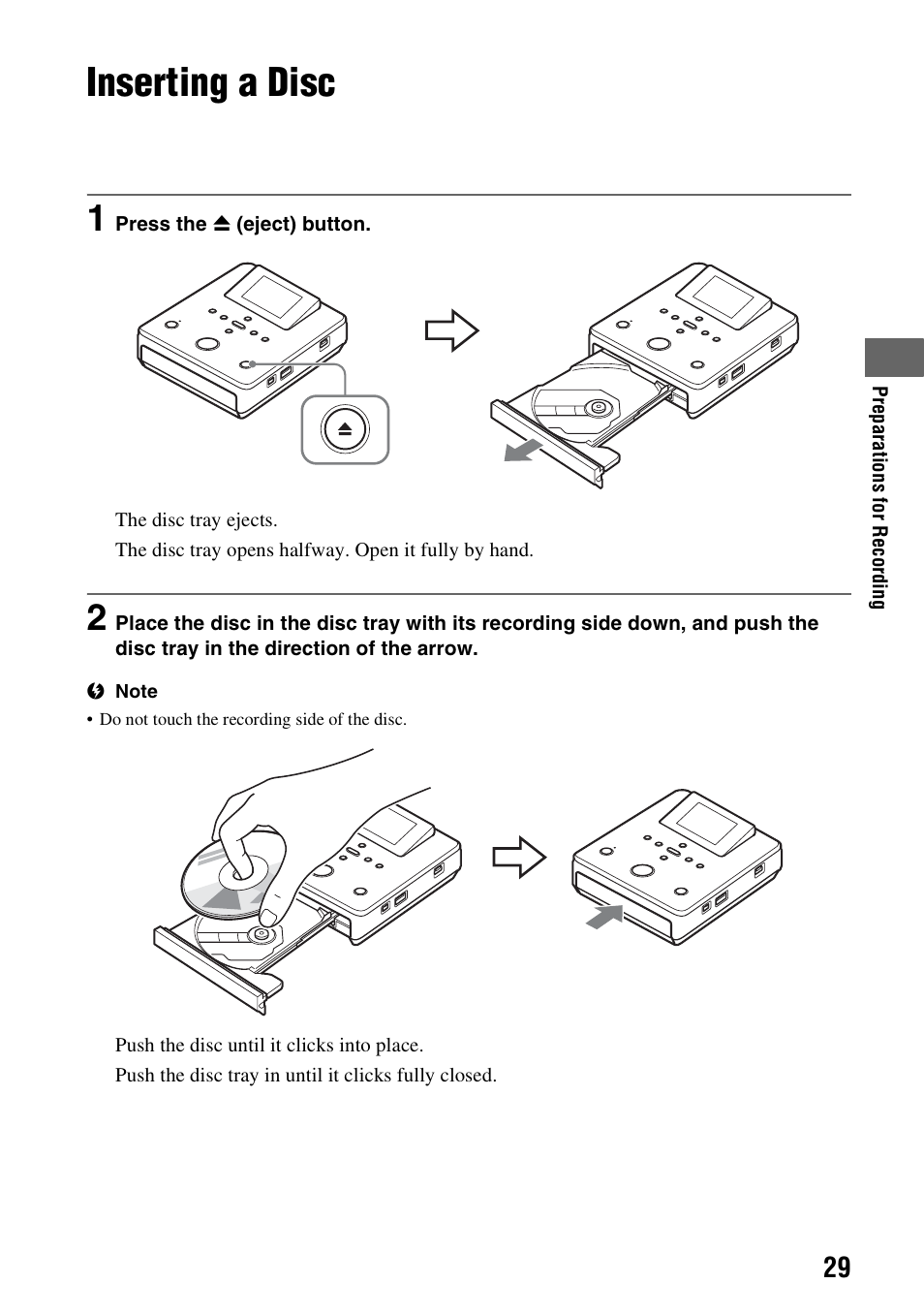Inserting a disc, E 29 | Sony VBD-MA1 User Manual | Page 29 / 84