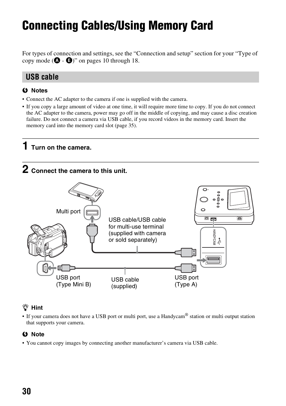 Connecting cables/using memory card, Usb cable, Connecting cables/using memory | Card, E 30) | Sony VBD-MA1 User Manual | Page 30 / 84