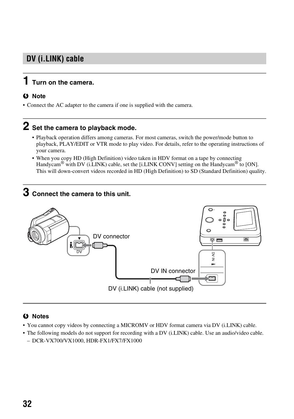 Dv (i.link) cable, E 32 | Sony VBD-MA1 User Manual | Page 32 / 84