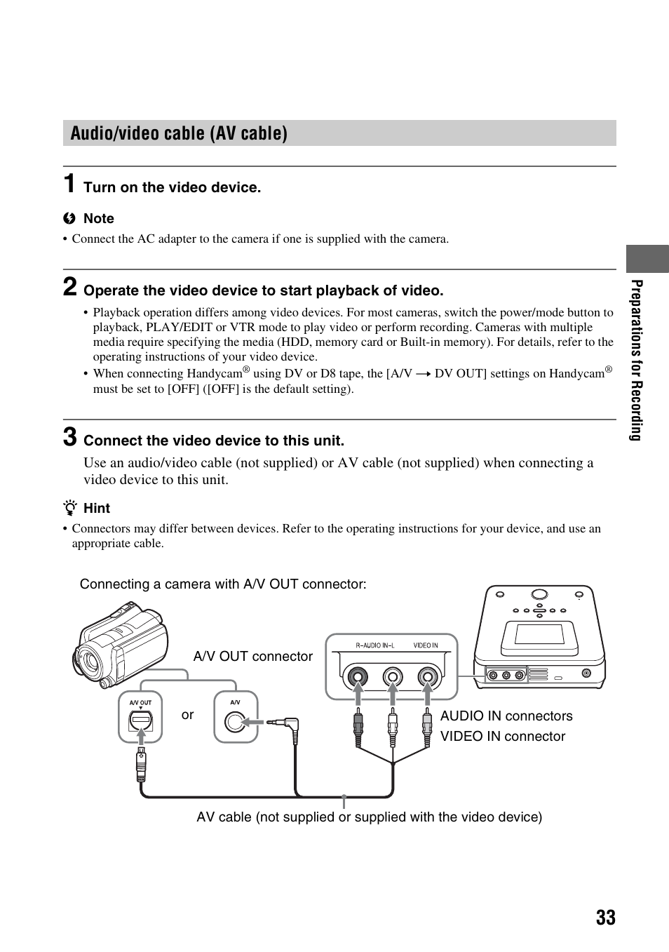 Audio/video cable (av cable), E 33 | Sony VBD-MA1 User Manual | Page 33 / 84