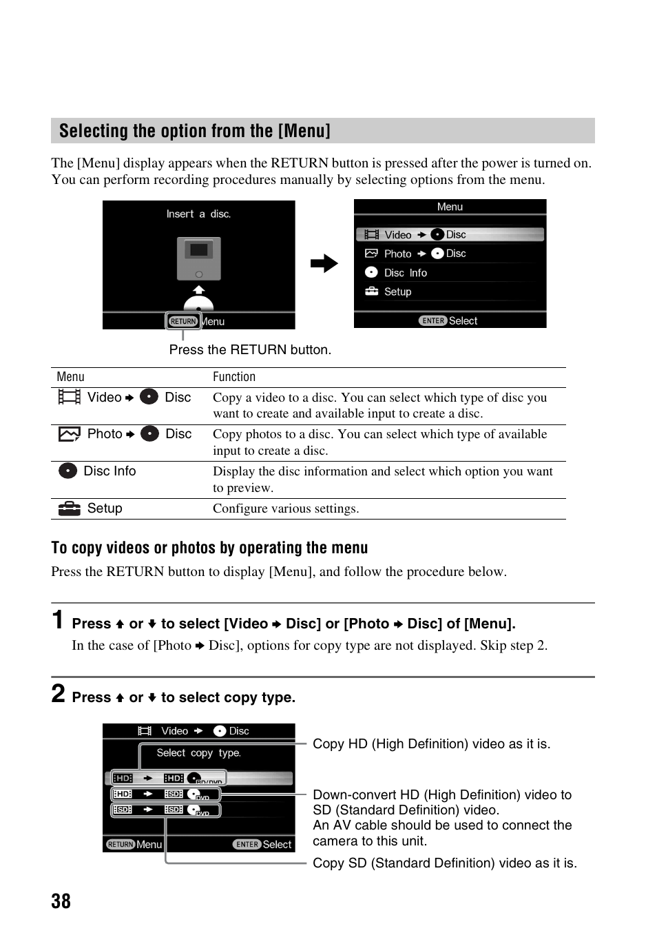 Selecting the option from the [menu | Sony VBD-MA1 User Manual | Page 38 / 84
