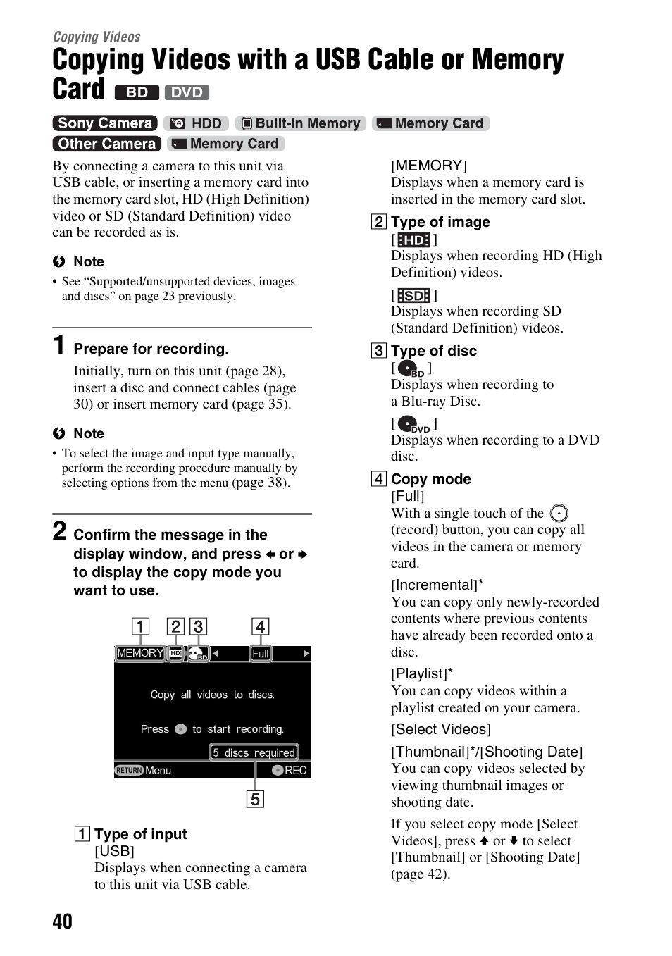 Copying videos, Copying videos with a usb cable or memory card, Copying videos with a usb cable or | Memory card, Es 40 | Sony VBD-MA1 User Manual | Page 40 / 84