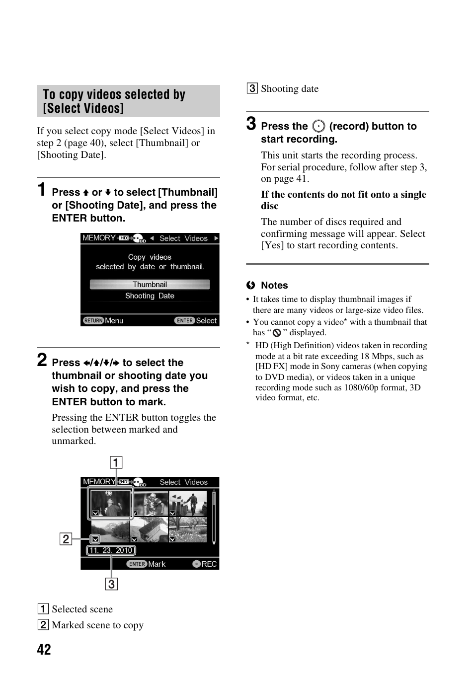 To copy videos selected by [select videos, To copy videos selected by [select, Videos | E 42) | Sony VBD-MA1 User Manual | Page 42 / 84