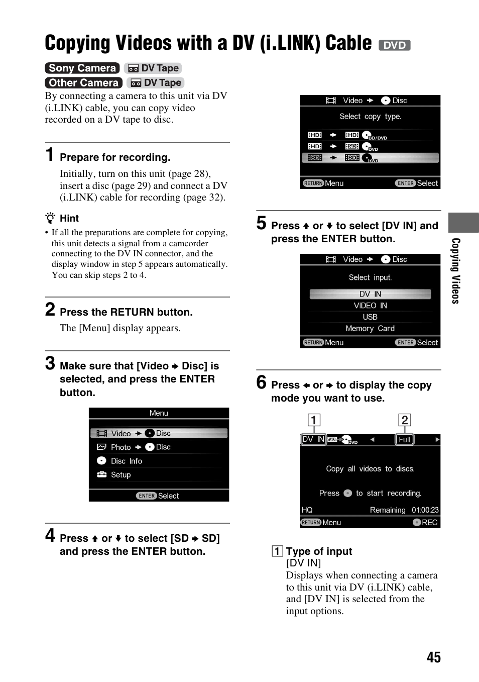 Copying videos with a dv (i.link) cable, Copying videos with a dv (i.link), Cable | Es 45 | Sony VBD-MA1 User Manual | Page 45 / 84