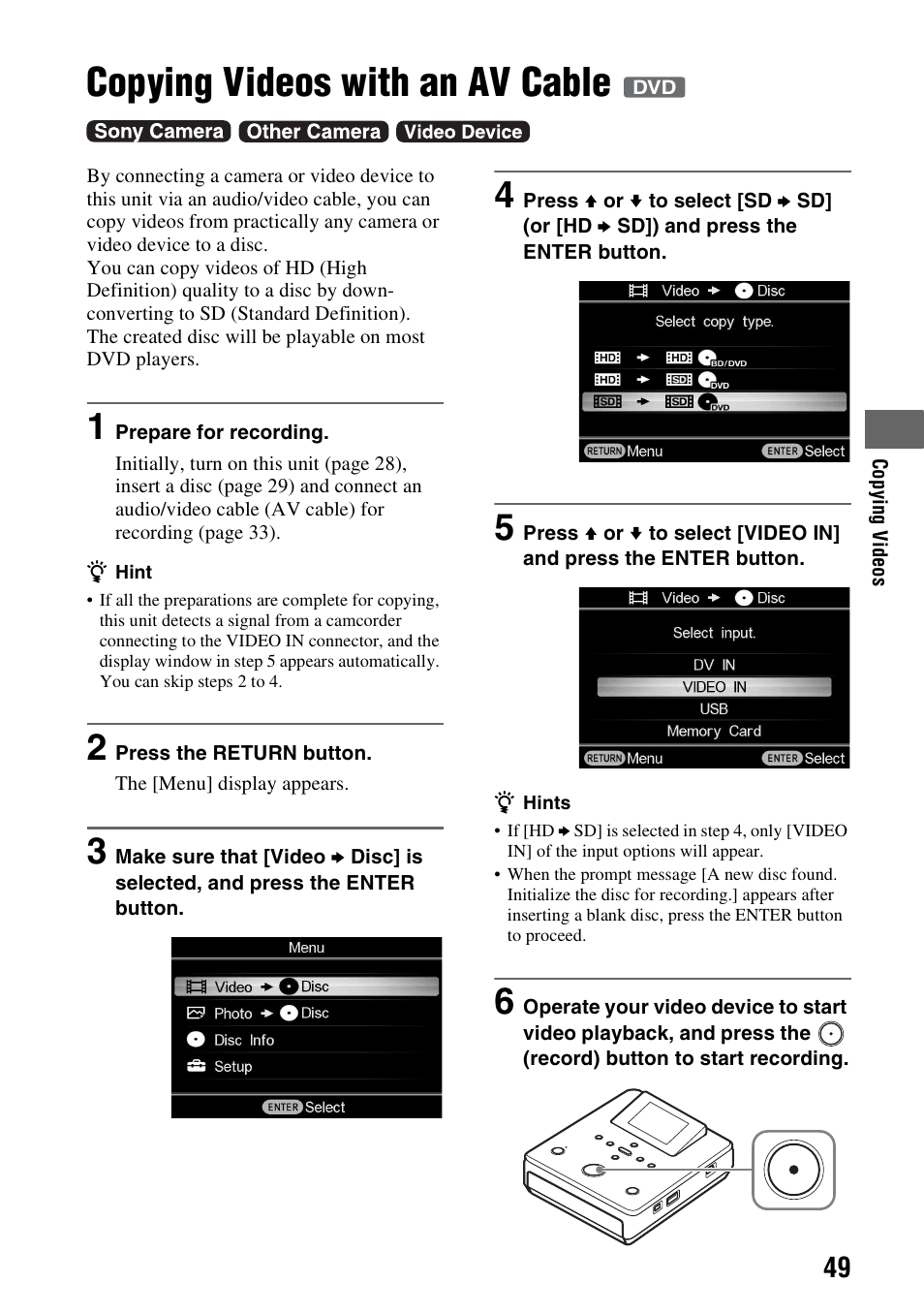 Copying videos with an av cable | Sony VBD-MA1 User Manual | Page 49 / 84