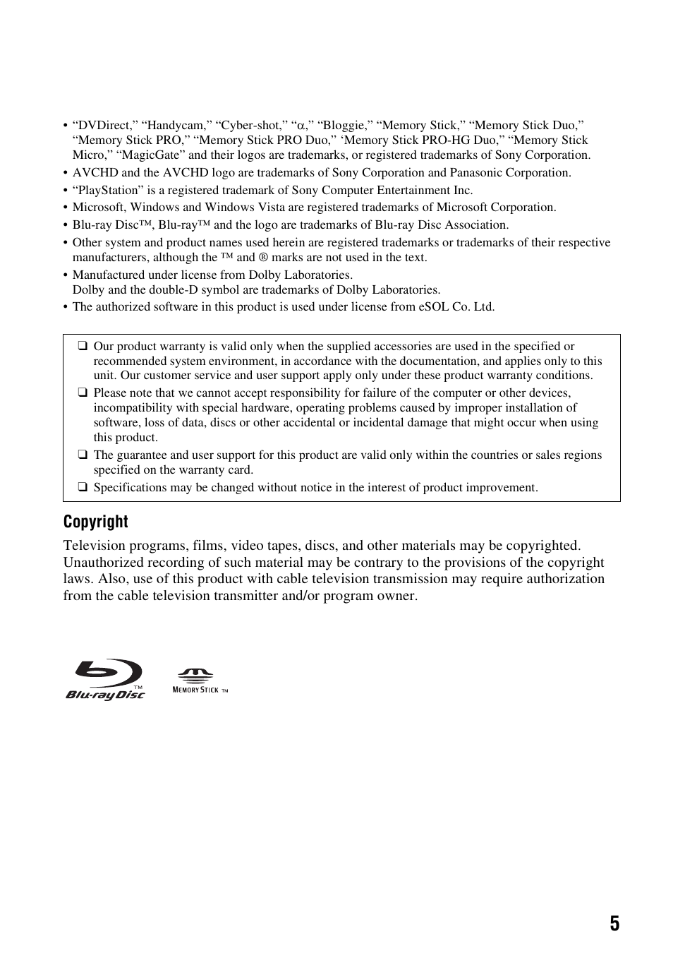 Copyright | Sony VBD-MA1 User Manual | Page 5 / 84