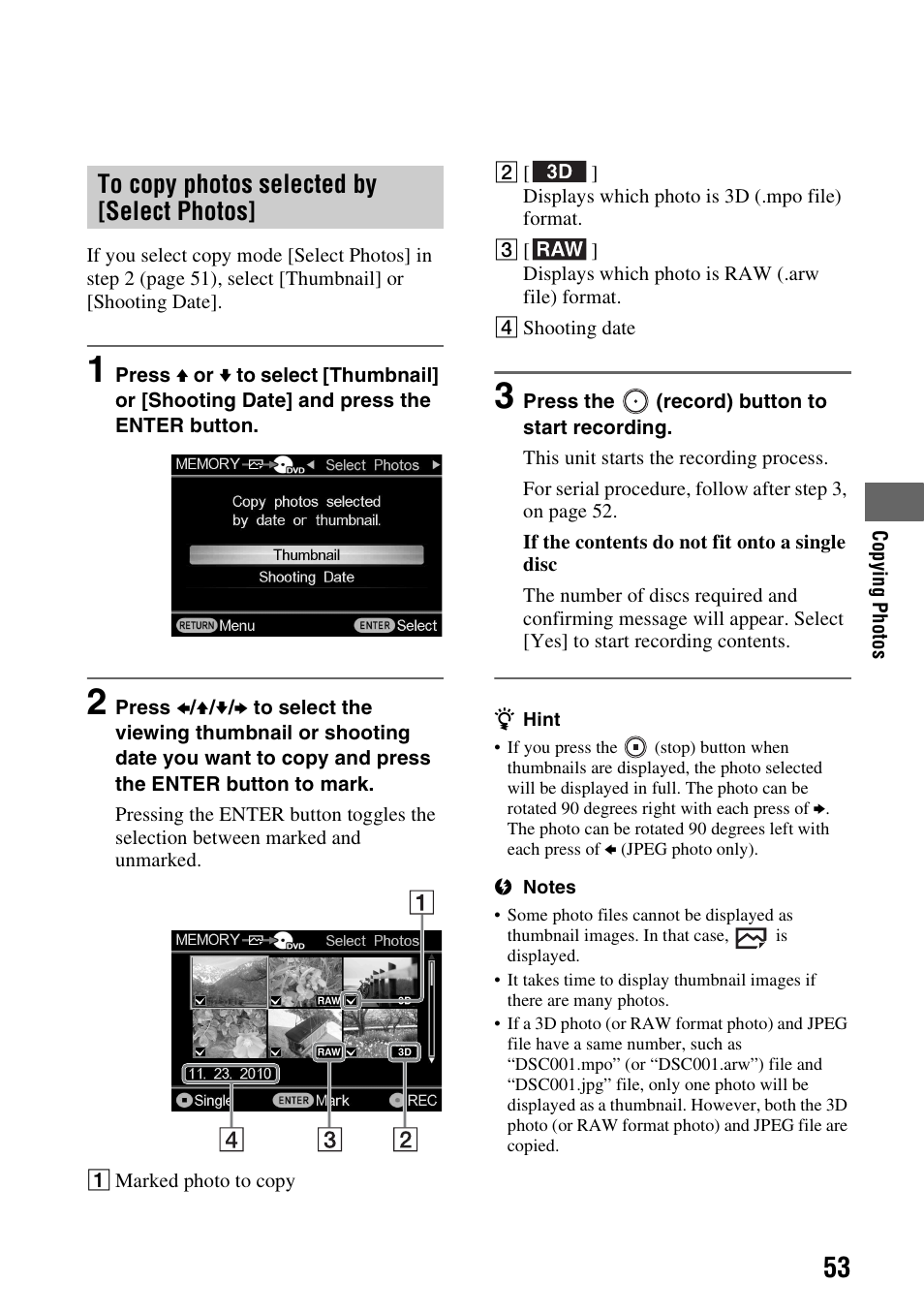 To copy photos selected by [select photos, To copy photos selected by [select, Photos | Sony VBD-MA1 User Manual | Page 53 / 84