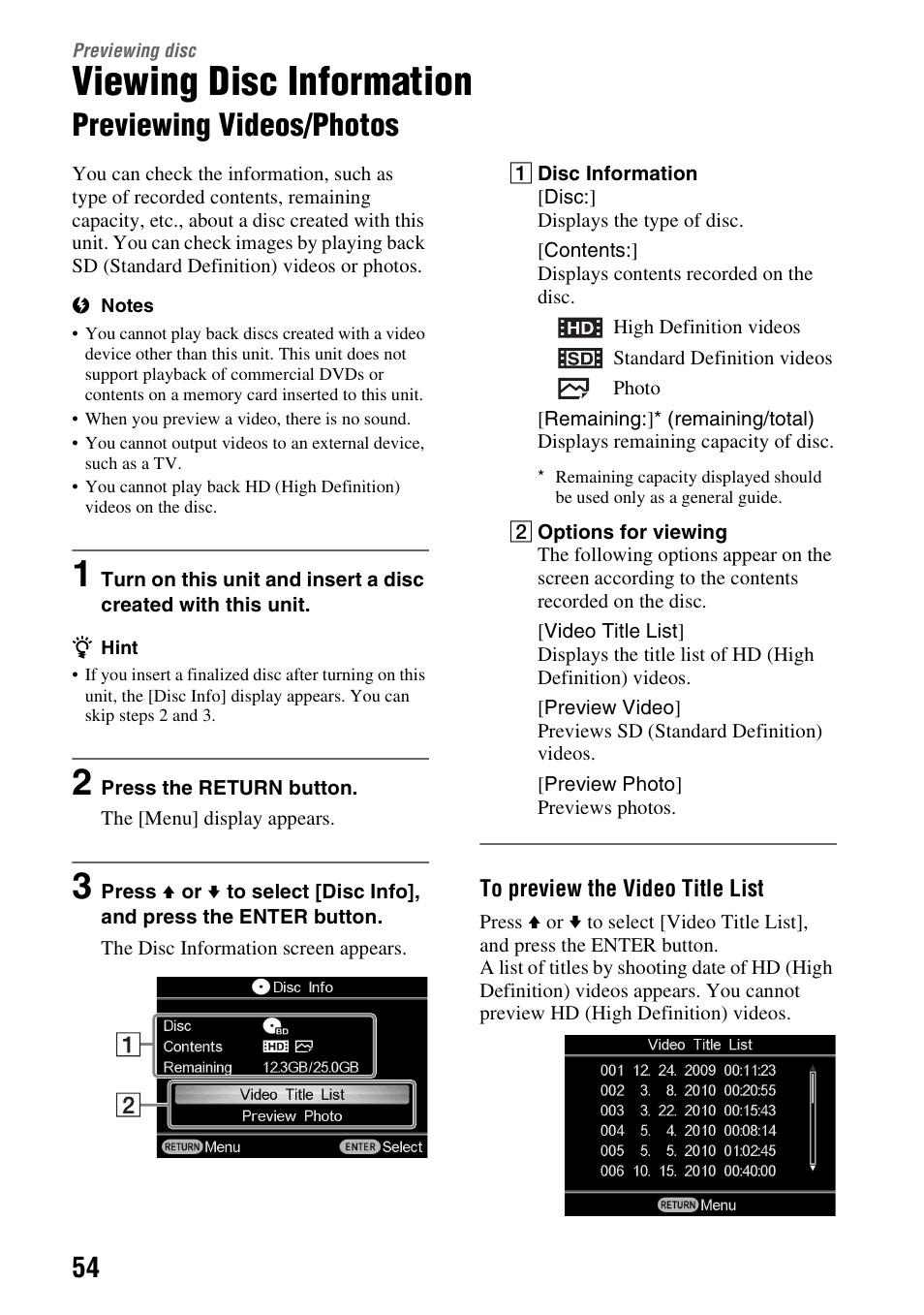 Previewing disc, Viewing disc information, Previewing videos/photos | Sony VBD-MA1 User Manual | Page 54 / 84